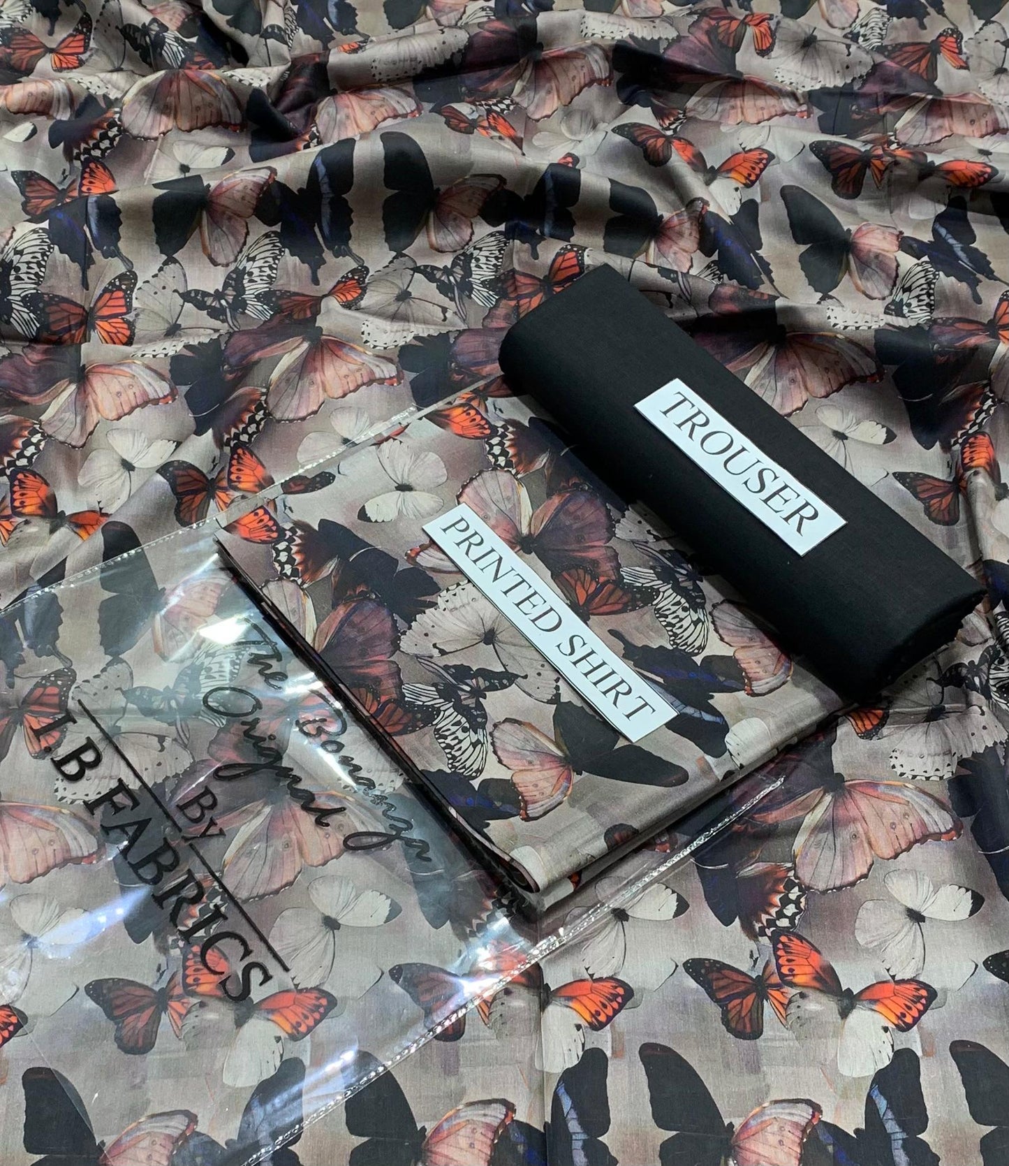"Butterfly Whisper Printed Lawn Suit – Soft Beige & Black"