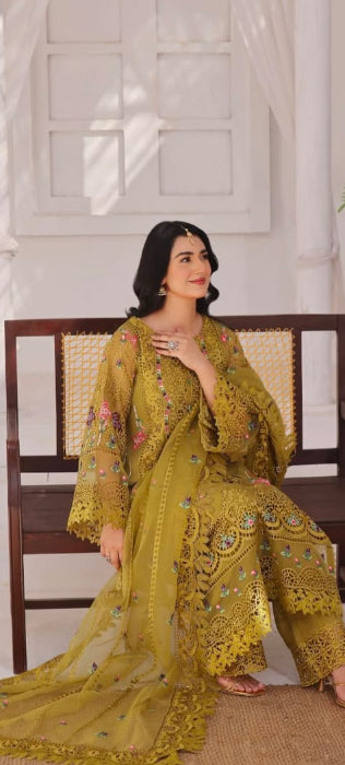 Luxury Embroidered Organza Suit – Mustard Green | Aneela Collection 2025