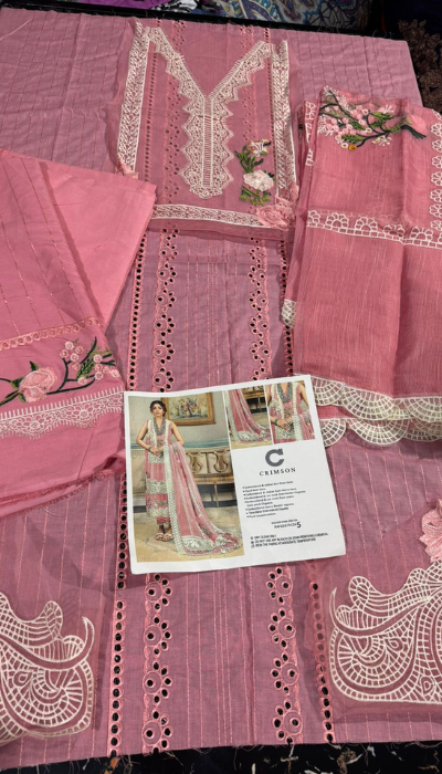 Crimson Luxury Embroidered Lawn – Elegant Pink 3-Piece Unstitched Suit