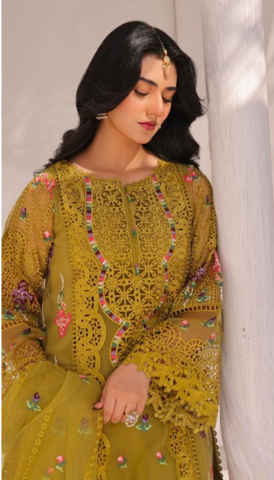 Luxury Embroidered Organza Suit – Mustard Green | Aneela Collection 2025