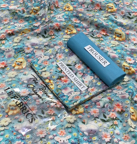 "Sweet Dreams Cartoon Print Lawn Suit – Blue & Floral Fantasy"